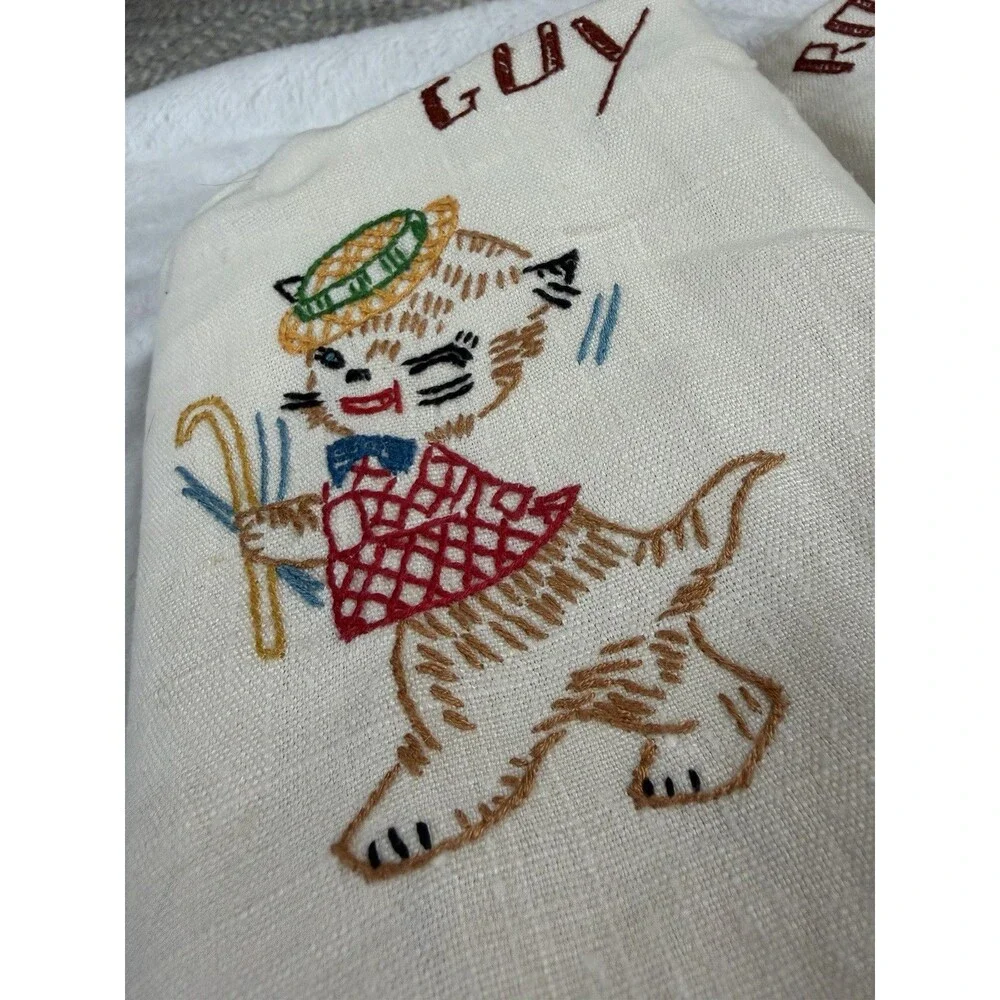 Vintage May Company Polish Embroidered Linen Tea Towels Cats Set of 3 16x25